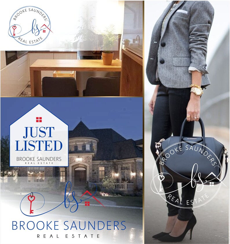 May include: A real estate agent's business card with the text "Brooke Saunders Real Estate" and a logo of a key and the letters "bs". The card also has a photo of a large house with a blue sky in the background.