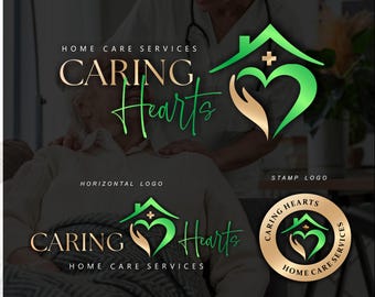 May include: Logo for a home care service called "Caring Hearts". The logo features a green heart with a gold hand inside, a house with a cross on top, and the text "Caring Hearts" in gold lettering.