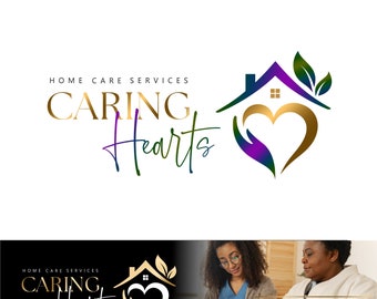 May include: A logo for a home care service called "Caring Hearts". The logo features a gold heart with a house and green leaves on top. The text "Caring Hearts" is written in gold and black.