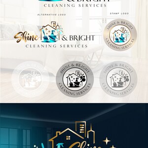 May include: A logo design for a cleaning service called "Shine & Bright". The logo features a gold house with a blue bucket, a broom, and a spray bottle. The text "Shine & Bright" is in gold with a blue outline. The logo is available in several variations, including a stamp logo and an alternative logo.