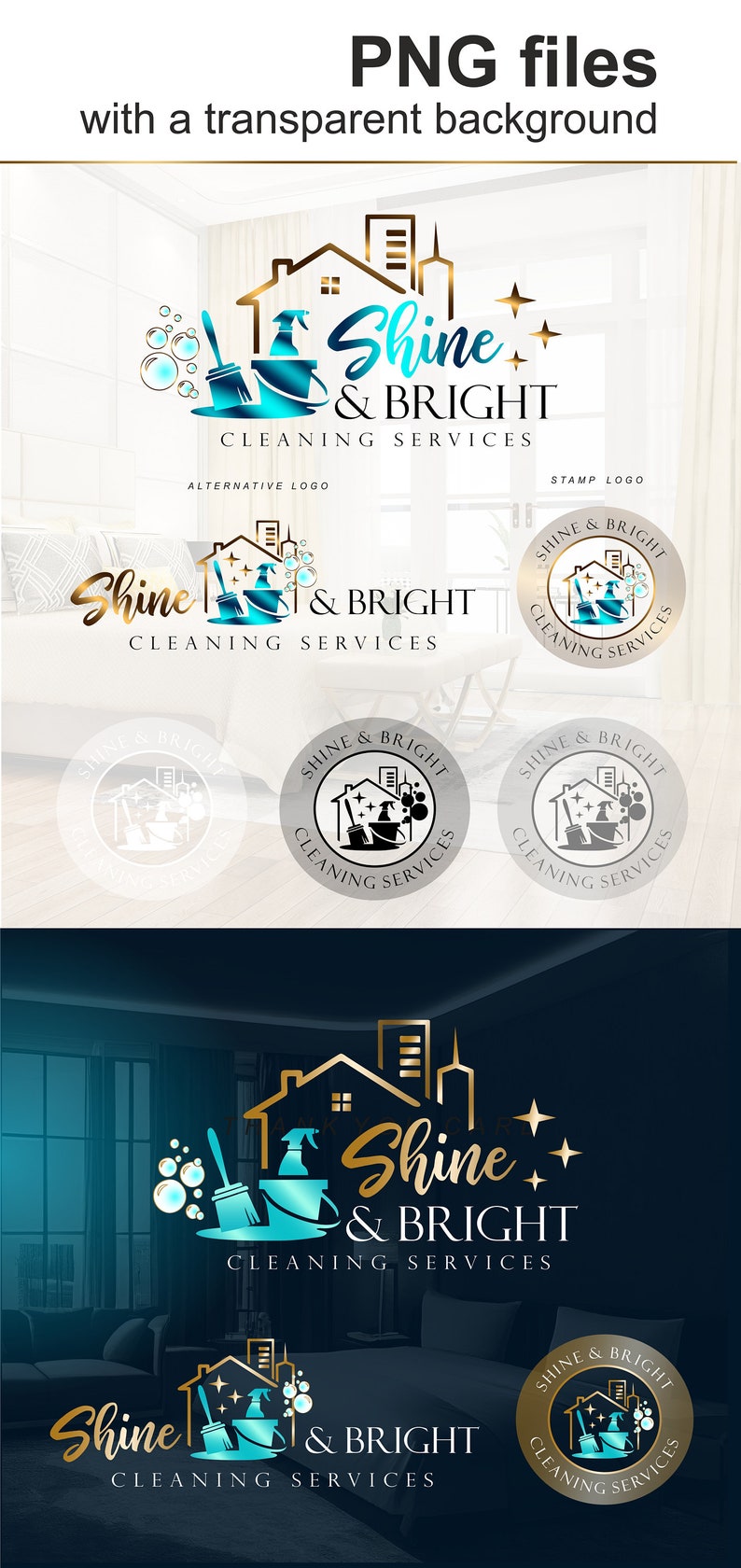 May include: A logo design for a cleaning service called "Shine & Bright". The logo features a gold house with a blue bucket, a broom, and a spray bottle. The text "Shine & Bright" is in gold with a blue outline. The logo is available in several variations, including a stamp logo and an alternative logo.