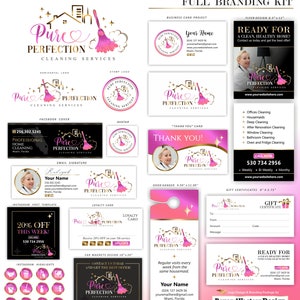 May include: A branding kit for a cleaning service called "Pure Perfection Cleaning Services". The kit includes a logo, business cards, flyers, social media graphics, and more. The logo features a pink broom and a house with a heart. The color scheme is pink, gold, and black.