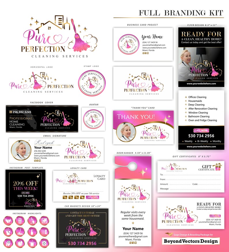 May include: A branding kit for a cleaning service called "Pure Perfection Cleaning Services". The kit includes a logo, business cards, flyers, social media graphics, and more. The logo features a pink broom and a house with a heart. The color scheme is pink, gold, and black.