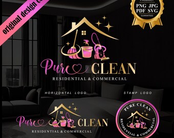 May include: A logo design for a cleaning service called "Pure Clean". The logo features a pink and gold house with a heart, a broom, a bucket, and a vacuum cleaner. The text "Residential & Commercial" is below the logo.