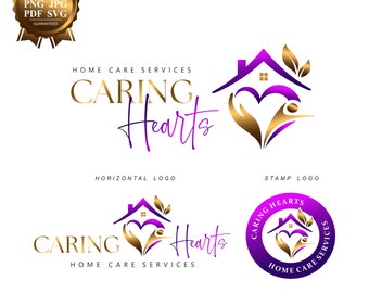 May include: Logo design for a home care service called "Caring Hearts". The logo features a purple house with a gold heart and leaves. The text "Caring Hearts" is in gold and purple.