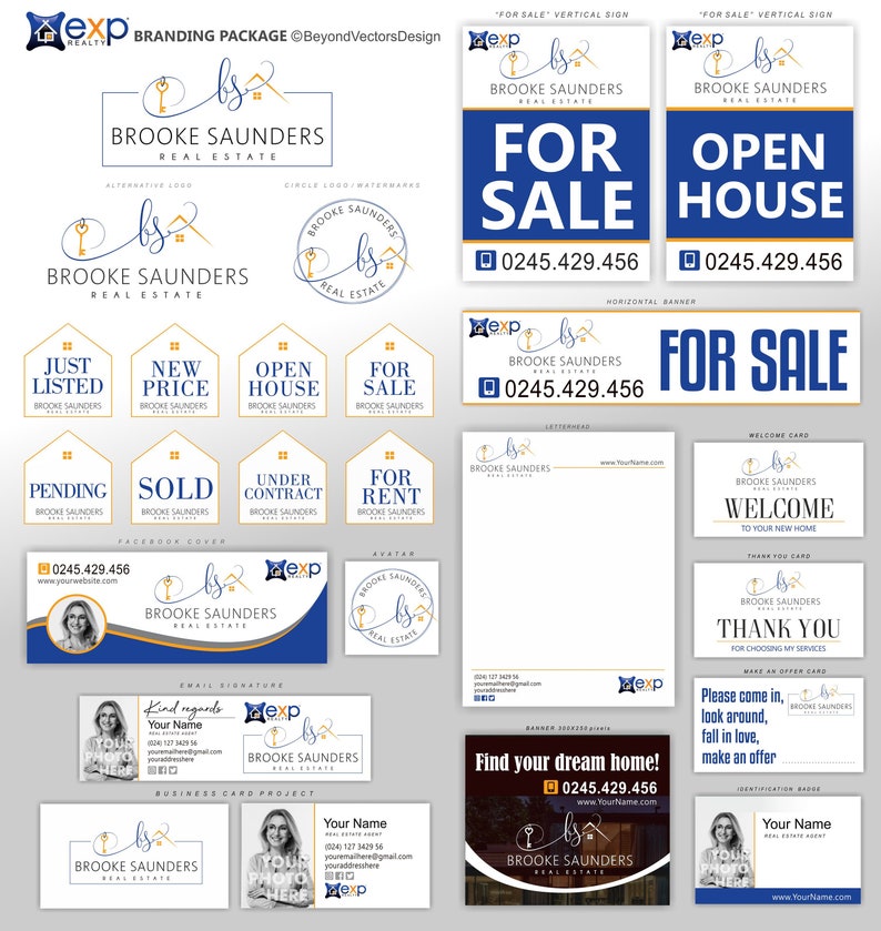 May include: A branding package for a real estate agent named Brooke Saunders. The package includes a logo, business cards, letterhead, welcome card, thank you card, and other marketing materials. The color scheme is blue, gold, and white.