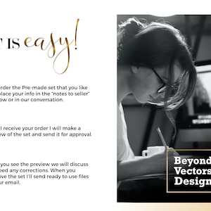 May include: A black and white image of a person working on a computer. The text "Beyond Vectors Design" is in a black box with a gold outline. The text "IT IS easy!" is in gold cursive lettering. The image shows the steps to ordering a pre-made design set.