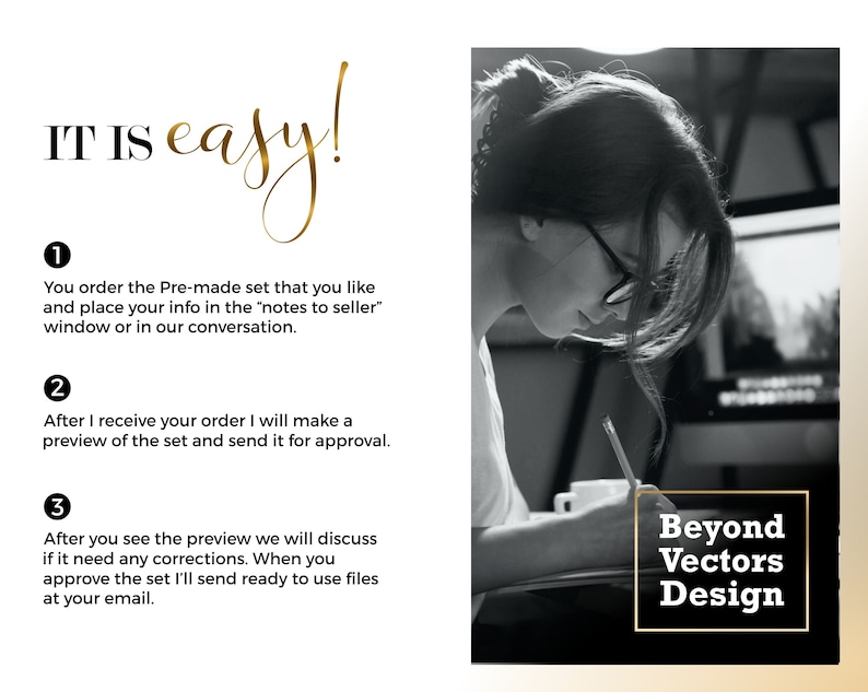 May include: A black and white image of a person working on a computer. The text "Beyond Vectors Design" is in a black box with a gold outline. The text "IT IS easy!" is in gold cursive lettering. The image shows the steps to ordering a pre-made design set.