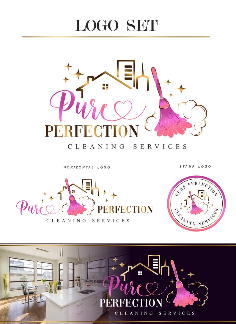 May include: A logo set for a cleaning service called "Pure Perfection Cleaning Services". The logo features a pink and gold house with a broom and stars. The text is in a pink and gold font.