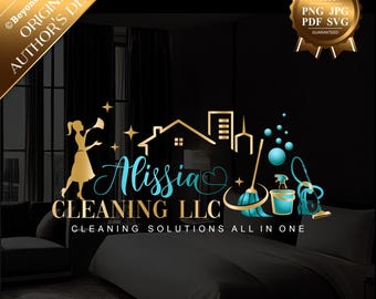 May include: Gold and blue logo design for a cleaning service called "Alissia Cleaning LLC". The logo features a woman holding a cleaning spray bottle, a house, a broom, a bucket, and a vacuum cleaner. The text "Cleaning Solutions All in One" is below the logo.