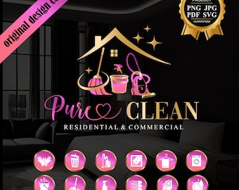 May include: A pink and gold logo for a cleaning service called "Pure Clean" with the tagline "Residential & Commercial". The logo features a house with a broom, bucket, and vacuum cleaner. There are 12 Instagram highlight icons with cleaning-related images.