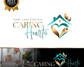 May include: Logo for a home care service called "Caring Hearts". The logo features a teal house with a heart inside, surrounded by gold hands and leaves. The text "Caring Hearts" is written in gold and teal.