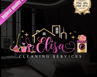 May include: Gold and pink logo design for a cleaning service called "Elisa Cleaning Services". The logo features a house, a vacuum cleaner, a bucket, a broom, and a washing machine.