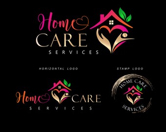 May include: Logo design for a home care service. The logo features a stylized house with a heart and two hands reaching out, representing care and compassion. The text "Home Care Services" is displayed in a gold and pink font.