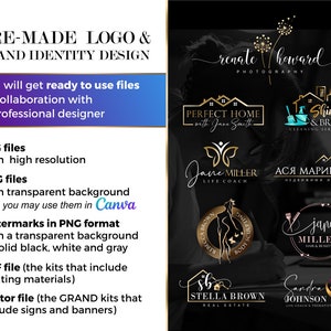 May include: A digital graphic design product listing for pre-made logos and brand identity design. The image shows a variety of logos with different color schemes and fonts. The text on the image reads "Pre-made Logo & Brand Identity Design" and "You will get ready to use files in collaboration with a professional designer".