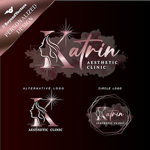 May include: A logo design for an aesthetic clinic called "Katrin" featuring a stylized letter K with a woman's face inside and a starburst. The logo is in a rose gold color and has a watercolor effect.