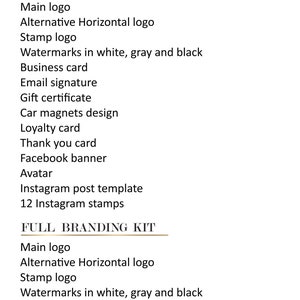 May include: A graphic design package for businesses, offering a logo set, branding kit, and full branding kit. The packages include a main logo, alternative horizontal logo, stamp logo, watermarks, business card, email signature, gift certificate, car magnets design, loyalty card, thank you card, Facebook banner, avatar, Instagram post template, and Instagram stamps.