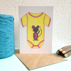 Kaart Romper Muis - A6 Dubbele Kaart met envelop - Blanco wenskaart - Geboorte - Geboortekaart meisje -  Kaart gerecycled papier.