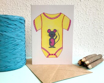 Card Babystrampler Mouse - A6 Greeting Card with Envelope - Blank Card - Birth - Birth Card Girl - Card Recycled Paper.