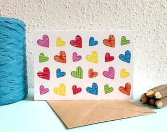 Kaart Patroon Hartjes - A6 Dubbele Kaart met Envelop - Blanco wenskaart - Zomaar kaart - Valentijnskaart - Kaart gerecycled papier.