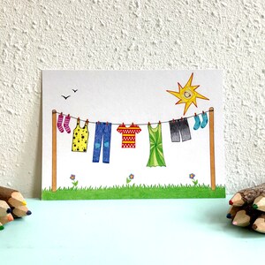 Postkaart Waslijn - A6 Enkele Kaart - Blanco wenskaart - Ansichtkaart  - Zomaar kaart - Kaart gerecycled papier.