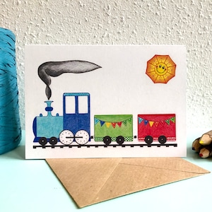 Kaart Trein Vlaggen - A6 Dubbele Kaart met envelop - Blanco wenskaart - Verjaardagskaart - Felicitatiekaart -  Kaart gerecycled papier.