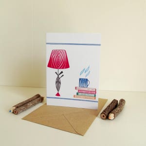 Kaart Schemerlamp en Boeken - A6 Dubbele kaart met envelop - Blanco wenskaart - Zomaar kaart - Kaart gerecycled papier.