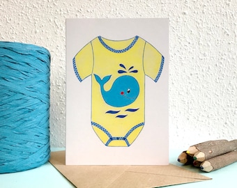 Card Babystrampler Whale - A6 Greeting Card with Envelope - Blank Card - Birth - Birth Card Boy - Card Recycled Paper.