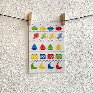 Postkaart Patroon Bootjes Vliegers Camera's - A6 Enkele Kaart - Blanco wenskaart - Ansichtkaart  - Zomaar - Kaart gerecycled papier.