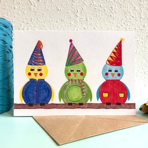 Kaart Vogels Feest - A6 Dubbele Kaart met envelop - Blanco wenskaart - Verjaardagskaart - Felicitatiekaart - Kaart gerecycled papier.