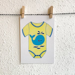 Postkaart Romper Walvis - A6 Enkele Kaart - Blanco wenskaart - Ansichtkaart - Geboorte - Geboortekaart jongen - Kaart gerecycled papier.