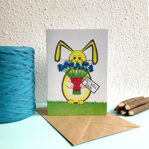 Kaart Beterschap Konijn - A6 Dubbele Kaart met Envelop - Wenskaart - Beterschapskaart - Kaart gerecycled papier.