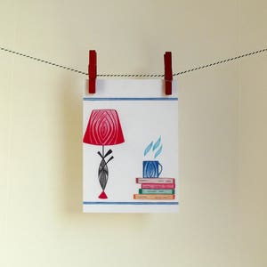 Postkaart Schemerlamp en Boeken - A6 Enkele kaart - Blanco Wenskaart - Ansichtkaart - Zomaar kaart - Kaart gerecycled papier.