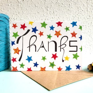 Kaart Thanks Sterren - A6 Dubbele Kaart met envelop - Blanco wenskaart - Bedankkaart -  Kaart gerecycled papier.