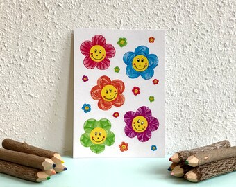 Card Pattern Flowers Smileys - A6 Postcard - Blank Card - Just Because - Card Recycled Paper.