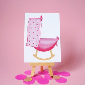 100% gerecycled papier - Roze Wieg Ansichtkaart - Voor geboorte - A6 Enkele kaart - Blanco - Wenskaart - Postkaart