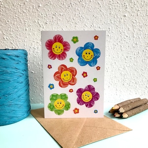 Kaart Patroon Bloemen Smileys - A6 Dubbele Kaart met envelop - Blanco wenskaart - Zomaar kaart -  Kaart gerecycled papier.