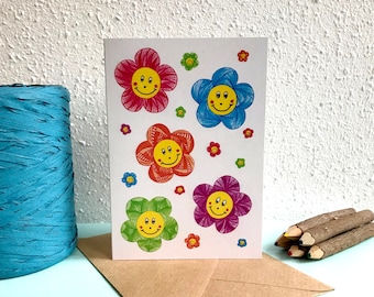 Card Pattern Flowers Smileys - A6 Greeting Card with Envelope - Blank Card - Just Because Card - Card Recycled Paper.