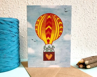 Karte mit Heißluftballon mit Kaninchen-A6 Doppelkarte mit Umschlag-Blank Grußkarte nur Karte-Valentinstag-Tageskarte Recycling-Papier.