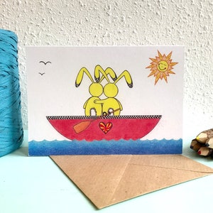 Kaart Konijnen in boot - A6 Dubbele Kaart met Envelop - Blanco wenskaart - Valentijnskaart - Kaart gerecycled papier.