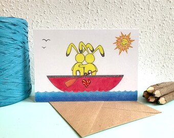 Card Rabbits in Boat - A6 Greeting Card with Envelope - Blank Card - Valentine Card - Recycled Paper.