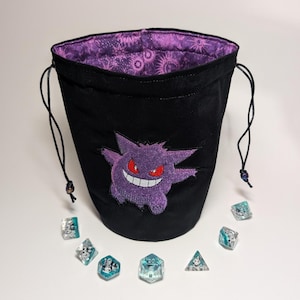 Embroidered - Purple Monster - Standing Dice Bag - Drawstring Closure