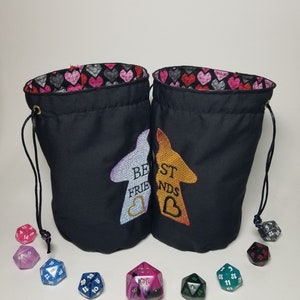 Reversable - Embroidered - Best Friends Meeple Set of 2 - Standing Dice Bags - Drawstring Closured