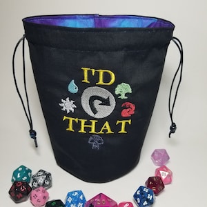 Coton - Réversible - Brodé - I'd Tap That - Modèle amélioré ( Magic The Gathering ) - Sac de dés sur pied - Fermeture par cordon