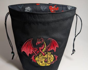 Reversible - Embroidered - D20 Dragon - Standing Dice Bag - Drawstring Closure