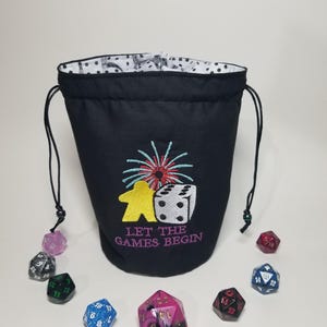 Reversible  - Embroidered - Board Game Meeple - Let The Games Begin - Dice Bag - Drawstring Closure