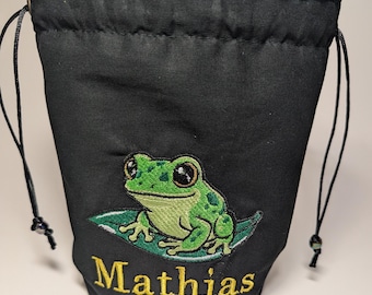 Personalized - Reversible - Embroidered - Green Frog - Name Bag - Standing Dice Bag - Drawstring Closure