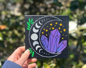 Celestial Crystal Painting: Crescent Moon Canvas Art (6x6)