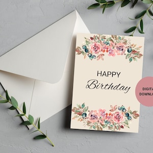 Cartão de aniversário floral para download digital instantâneo, cartão de comemoração de aniversário, cartão de 4" x 6" para impressão
