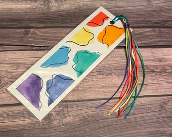 Rainbow Cow Print Watercolor Bookmark, Abstract Art, Laminated Colorful Bookmark